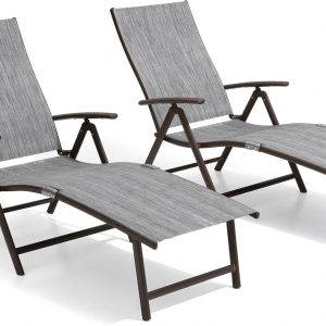 Lounge Chair Outdoor, Folding Pool Chaise Chairs Set of 2 (Black Gray)