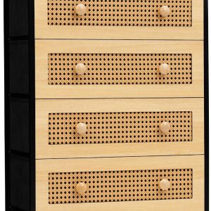 Crestlive Products Rattan Dresser Tall Storage Tower, Chests of Drawers, Easy Pull Fabric Bins, Wood Handles - Organizer Unit for Bedroom, Entryway, Closets - 7 Natural Drawers, Black Top & Frame