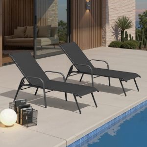 Crestlive Products Outdoor Chaise Lounge Chair,5-Position Pool Lounge Chairs with Armrests Sunbathing Recliner for Patio, Beach, Deck, Yard (2PC Black)
