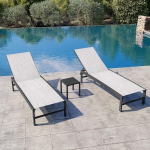 Crestlive Products Outdoor Pool Lounge Chairs Set of 3, Adjustable Five-Position Recliner for Beach, Pool, Patio, Lawn, Yard (Black Grey)