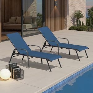 Crestlive Products Outdoor Chaise Lounge Chair,5-Position Pool Lounge Chairs with Armrests Sunbathing Recliner for Patio, Beach, Deck, Yard (2PC Navy Blue)