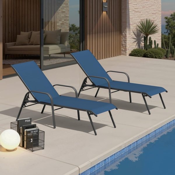 Crestlive Products Outdoor Chaise Lounge Chair,5-Position Pool Lounge Chairs with Armrests Sunbathing Recliner for Patio, Beach, Deck, Yard (2PC Navy Blue)