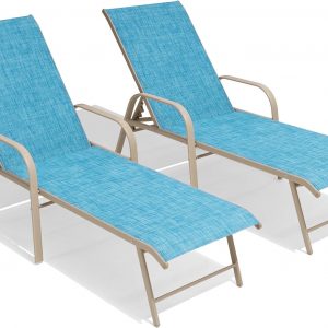 Crestlive Products Chaise Lounge Chair Outdoor with Armrests, Pool Lounge Chairs Set of 2, Aluminum Adjustable 5 Positions Sun Tanning Lounger for Patio, Poolside, Yard, Deck, Backyard (Blue)