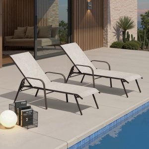 Crestlive Outdoor Chaise Lounge Chair,5-Position Pool Lounge Chairs with Armrests Sunbathing Recliner for Patio,Beach,Deck,Yard (2PC Beige)