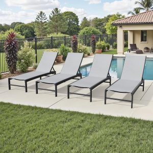 Crestlive Products Chaise Lounge Chair Outdoor Set of 4, Adjustable 5 Positions Pool Lounge Chairs, Metal Tanning Recliner, Outdoor Furniture All Weather for Patio, Beach, Yard, Pool(Light Grey)