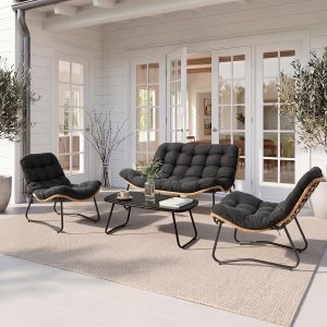 Crestlive Products Patio Furniture Set with Coffee Table, Outdoor Rattan Sofa Set, All-Weather Loveseat with Thick Cushions for Porch, Backyard, Lawn, Garden, Poolside (Black