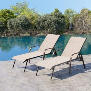 Chaise Lounge Chair Outdoor, Pool Chairs Set of 2 with Armrests (Beige)