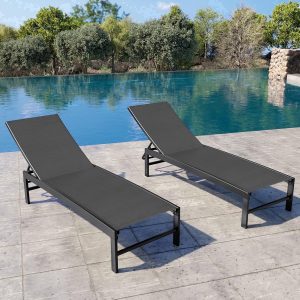 Crestlive Products Chaise Lounge Chair Outdoor Set of 2, Adjustable 5 Positions Pool Lounge Chairs, Metal Tanning Recliner, Outdoor Furniture All Weather for Patio, Beach, Yard, Pool（Black）
