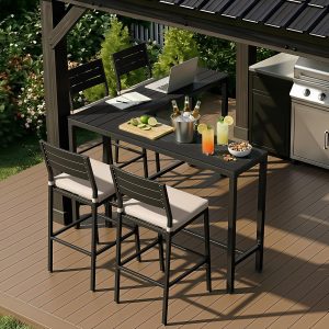 Outdoor Bar Table and Chairs Set of 5, Corner Pub Set with 4 Stools