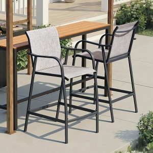 Crestlive Products Outdoor Bar Stools Set of 2, Bar Height Patio Chairs, Heavy Duty Tall Chairs Barstools with Armrest and Footrest, Textilene Fabric for Kitchen, Backyard, Bistro, Poolside (Gray)