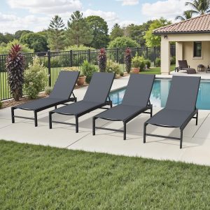 Crestlive Products Chaise Lounge Chair Outdoor Set of 4, Adjustable 5 Positions Pool Lounge Chairs, Metal Tanning Recliner, Outdoor Furniture All Weather for Patio, Beach, Yard, Pool(Dark Grey)